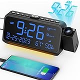 Projection Alarm Clock for Bedroom Ceiling, Digital Clock Projector with Weekday/Weekend Mode, Date, Temperature, Humidity, Type-C USB Charger, Snooze, Dual Alarms, Dimmer,12/24H