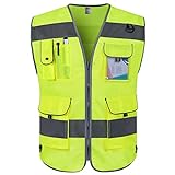 TCCFCCT High Visibility Vest 9 Pockets Reflective Safety Work Vest for Men Women, Hi Vis Construction Vest with Reflective Strips, Meets ANSI/ISEA Standards, (Yellow, Large)