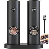 COKUNST Electric Pepper and Salt Grinder Set, Battery Powered Adjustable 5 Levels of Coarseness Black Pepper Grinder Mill with Stand, Automatic Grinding with LED Light for BBQ Resturant Kitchen