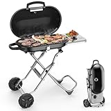 Joy Pebble Portable Propane Gas Grill, 15000BTUS,BBQ Gas Grill with 348 SQ Inch Large Cooking Areas, Sturdy Quick-Fold Legs, Portable & Foldable Gas Grill for Outdoor Camping/Tailgating/Picnic, Black