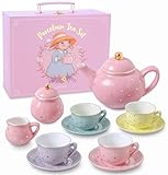 Porcelain Tea Set for Girls - Pastel with Gold Polka Dot Tea Party Set for Kids I Complete Children Tea Sets with Carry Case, Birthday Gift for Little Girls & Toddlers