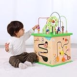 TOOKYLAND 5 in 1 Activity Center,Wooden Large Activity Play Cube 23'X13.5'X13.5',Wooden Learning Puzzle Toy for Toddlers, with Animal Friends, Shapes, Mazes, Shape Sorter