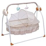 CNCEST Electric Baby Crib Cradle, 5-Speed Baby Bassinet Auto Rocking Chair Chair Bed with Remote Control Infant Musical Sleeping Basket Portable Folding Adjustable Smart Bassinet, Khaki