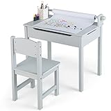 HONEY JOY Kids Table and Chair Set, Wooden Lift-Top Desk & Chair with Storage, Paper Roll Holder & Pen Slot, Activity Table Set for Craft Art, Children Furniture Set for Daycare, Playroom (Gray)