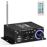 Moukey Mini amplifier home audio Bluetooth 5.0 for speakers- 50W 2 Channel Power Audio Receiver FM USB, AUX, with Remote Control, Power Supply for Car Home use, Tablets, Phones, Computers - MAMP2