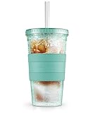GALVANOX Freezable Iced Coffee Cup with Lid and Straw (16oz) Reusable Insulated Ice Tumbler with Grip Sleeve (Green)