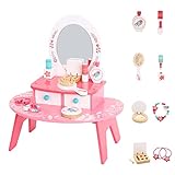TOOKYLAND Toddler Princess Vanity Play Toy Set, Kids Toy Vanity Wooden Makeup Table for Little Girl - with Makeup Accessories and Mirror
