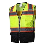 SKSAFETY 10 Pockets Professional level Safety Vest, Class 2 High Visibility Security Vest with Zipper, Hi Vis Vest with Reflective Strips, ANSI/ISEA Standard, Construction Work Vest（Lime Black, M）