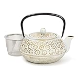 White Floral Cast Iron Teapot Kettle with Stainless Steel Infuser (34 oz)