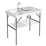 Outvita Fish Cleaning Table Folding Portable Camping Sink Table with Sink Faucet Drainage Hose/Outdoor Camping Table with Grid Rack & Knife Groove,Fish Fillet Hunting Cleaning Cutting Table,White