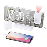 EVILTO Projection Alarm Clock for Bedroom Ceiling Digital Alarm Clock Radio with USB Charger Ports, 7.3' Large LED Screen Alarm Clock, 4 Dimmer, Dual Alarm Clock with 2 Sounds, Snooze, White