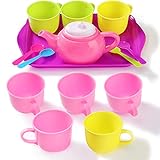 14 Pieces Pretend Play Tea Party Set Play Food Accessories Colorful Plastic Tea Set Role Play Toys Playset Include 1 Plate 4 Spoons 8 Cups and 1 Teapot for Little Girls Tea Party and Fun