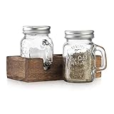 MosJos Mason Jar Salt and Pepper Shakers - Vintage Glass Condiment Dispenser Set with Wooden Holder Caddy - Farmhouse Kitchen Decor, Easy Refill 5-ounce Capacity with Stainless Steel Lids