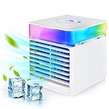 Personal Air Conditioner Fan, Portable Mini Air Cooler Fan with 3 Wind Speeds, 7 Color LED Light Small Desktop Cooling Fan with USB for Car Home Bedroom Needs 5V 2A