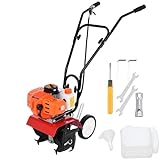 Garden Tiller with 1.2L Fuel Tank,Tiller Cultivator Gas Powered, 52CC 2-Stroke Garden Cultivator,Tiller with 4 Steel Adjustable Front Tines for Lawn, Garden and Field Soil Cultivation(Local,Fast)