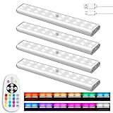 Under Cabinet Lights Wireless, Dimmable 48 LED Closet Lights with Remote Rechargeable Under Counter Lighting,15 Color Changing Night Light RGB Bar for Home Shelf Kitchen Wine Cabinet Stairs, 4 Pack