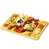 Unique Bamboo Cheese Board, Charcuterie Platter and Serving Tray for Wine, Crackers, Brie and Meat. Large and Thick Natural Wooden Server - Fancy House Warming Gift & Perfect Choice for Gourmets