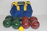Premium Quality and Italian/American Made, 107mm EPCO Bocce Set - Dark red and Green Balls and Blue/Yellow Bag