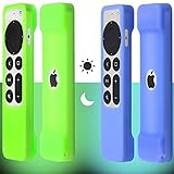 [2 Pack] Pinowu Remote Cover Case (Glowing in The Dark) Compatible with 2021 Apple TV Siri Remote (2nd Generation) - Lanyard Included, Anti Slip Cover Skin (Green and Blue)