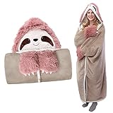 Mutjida Sloth Wearable Hooded Blanket for Adults - Adorable Soft Cozy Plush Flannel Fleece & Sherpa Hoodie Throw Cloak Wrap - Sloth Gift for Women (Pink Fur)