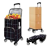 Honshine Shopping Cart for Groceries, Foldable Cart on 5 Swivel Wheels with Removable Shopping Bag & Large Capacity, Portable Trolley Cart Designed for Grocery Camping Laundry Gardening (Plaid)