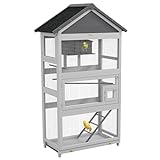 PawHut Wooden Bird Aviary, 67' Outdoor Bird Cage with Slide-Out Tray, Three Doors, Birdhouse, Ladder, Perches for Finches, Parakeets, Gray