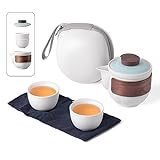 Portable Kungfu Teapot Tea Set, Ceramic Travel Tea for One Set, A Minimalist Look Tea Pot with 2 cup for Tea Lovers Home Hotel Office Outdoor Picnic (White)