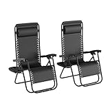 Lavish Home Black Zero Chairs-Set of 2 Folding Anti-Gravity Recliners-Side Table, Cup Holder & Pillow-for Outdoor Lounging