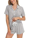SWOMOG Womens Button Down Pajamas Set Short Sleeve Sleepwear Bride Soft Pj Lounge Sets XS-3XL Grey Medium