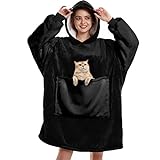 Aemilas Wearable Blanket Hoodie,Oversized Sherpa Sweatshirt Blanket with Hood Pocket and Sleeves,Cozy Soft Warm Plush Hooded Blanket for Adult Women Men Teens,One Size Fits All(Black)