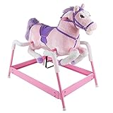 Spring Rocking Horse Plush Ride on Toy with Adjustable Foot Stirrups and Sounds for Toddlers to 5 Years Old by Happy Trails - Pink