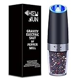 Electric Gravity Pepper Grinder or Salt Mill with Adjustable Coarseness Automatic Pepper Mill Grinder Battery Powered with Blue LED Light,One Hand Opetated Brushed Stainless Steel by CHEW FUN
