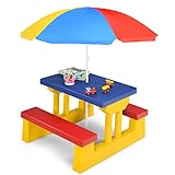 HONEY JOY Kids Picnic Table with Umbrella, Toddler Plastic Table Bench Set, Folding & Removable Umbrella, Kids Outdoor Table and Chair Set for Backyard Funiture, Gift for Boys Girls(Multicolored)