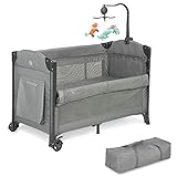 JOYMOR 3 in 1 Baby Bedside Sleeper, Bed Side with Mattress, Convert to Bassinet, Bedside Sleeper, Playpen, Quick Foldable Travel Bassinet Bed, with Toy, Wheels & Brake, Carry Bag for Boys Girls