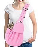 SlowTon Dog Carriers for Small Dogs - Thick Padded Adjustable Shoulder Strap Dog Sling Carrier, Puppy Purse for Pet Cat with Front Zipper Pocket Safety Belt Machine Washable (Pink Knitted Fabric, M)
