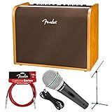 Fender Acoustic 100 Guitar Amplifier, Natural Blonde with Microphone & Stand Deluxe Bundle