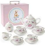 Jewelkeeper Tea Set for Little Girls - 13-Piece Porcelain Tea Party Set with Polka Dot Design - Safe and Durable Toy Kids Tea Set with Carrying Case - Ideal Gift for Kids