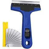Razor Blade Scraper, 4' Scraper Tool with 10 Extra Replacement Metal Blades, Razor Scraper Remover for Cleaning Paint, Caulk, Adhesive, Label, Decal, Sticker from Window, Glass, Tile, Floor, Stove Top