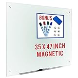 Magnetic Glass Whiteboard Dry Erase Board Black 4 Markers 6 Magnets Eraser Accessories Large Frosted Whiteboards Glasses Office Wall Frameless White Glassboard Aluminum Tray 35 x 47 in (35' x 47')