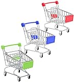 SKYCOOOOL 3 Pcs Mini Shopping Cart, Colorful Metal Shopping Cart Toy Mini Shopping Handcart Mode Tiny Ulitily Trolley Toy for Kids Desk Storage(Red,Blue,Green)