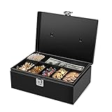 Flexzion Cash Box with Money Tray and Lock - Metal Money Box for Cash Storage with Secure Latch Lock & Key, Black Petty Cash Box with 7 Compartment Money Tray for Small Businesses, 11x7.7x3.5 Inches