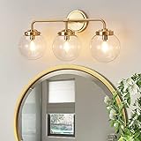 Deyidn Gold Bathroom Vanity Light Fixtures Over Mirror, Modern Brass 3 Lights Wall Sconce Lighting with Transparent Glass Ball Shade, Mid Century Farmhouse Vanity Lights