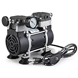 PRECIPETTE Vacuum Pump 50L/Min with Switch, Oilless Diaphragm with Vacuum Meter & Silencer, 6m PTFE Tape & 2m Rubber Tube, Low Noise & High Vacuum Degree, for Lab Chemistry Electronics Aquarium