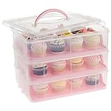 3 Tier Cupcake Carrier with Lid and Handle, Holds 36 Cupcakes (Pink, 13.5 x 10.25 x 10.75 In)