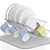 Simple Houseware Collapsible Alloy Steel Dish Drying Rack w/Dish Mat for Storage, Chrome