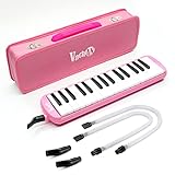 VACHAN 32 Keys Melodica Instrument, Soprano Melodica Air Piano Keyboard Musical Instrument with 2 Soft Long Tubes, Short Mouthpieces and Carrying Bag for Kids Beginners Gift,Pink