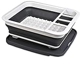 Masirs Pop-Up Collapsible Dish Drying Rack: Convenient Storage, Drains into Sink, Eight Large Plate Capacity, Sectional Cutlery and Utensil Compartment. Compact and Portable Design.