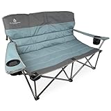 Black Sierra Low Camping Sofa, Double 2 Person Camping Chair Loveseat, Heavy Duty Camp Chair Supports 500 lbs, Padded Folding Beach Chair with Duo Seating, Outdoor Lawn Chair w/ 2 Cup Holders