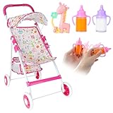 deAO Baby Doll Stroller Set Baby Doll Accessories with Feeding Bottle Simulated Juice Milk and Rattle Toy Foldable Doll Stroller for Toddler Kids Boys Girls,for 12in 14in 16in Doll