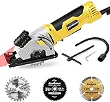 ENVENTOR Mini Circular Saw, 4.8A Electric Circular Saw Corded with Laser Guide, 4000RPM, 3 Saw Blades 3-3/8' Max Cutting Depth 1-1/16', Compact Hand Saw for Wood, Soft Metal, Tile, Plastic Cuts